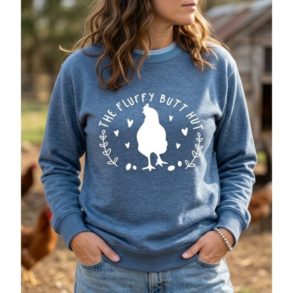 The Fluffy Butt Hut Chicken Graphic Crewneck Sweatshirt Blue Heathered Size L